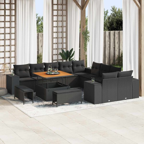 vidaXL Garden Sofa Set with Cushion 13 pcs Black Poly Rattan