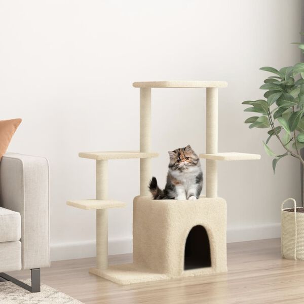vidaXL Cat Tree Cream Engineered wood, plush, sisal 38.4 in Modern