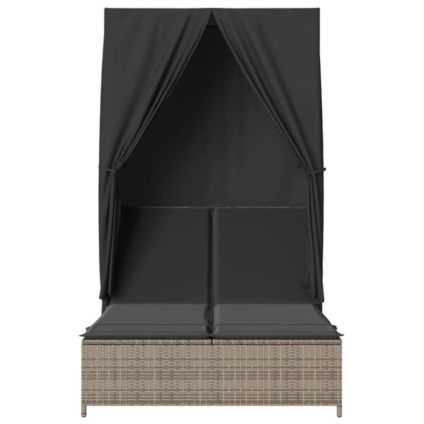 vidaXL Double Sun Lounger with Roof and Curtains Grey Poly Rattan