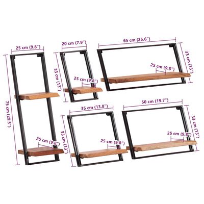 Diagram showing dimensions and multiple configurations of the shelves.