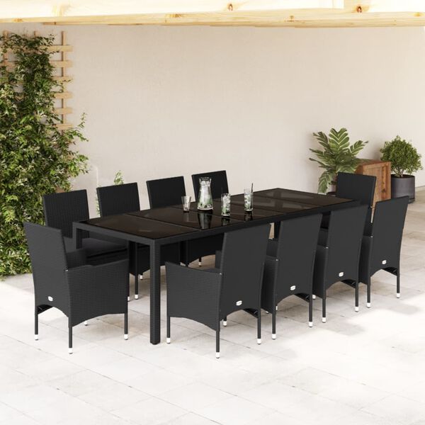 vidaXL 11 Piece Patio Dining Set with Cushions Black Poly Rattan and Glass