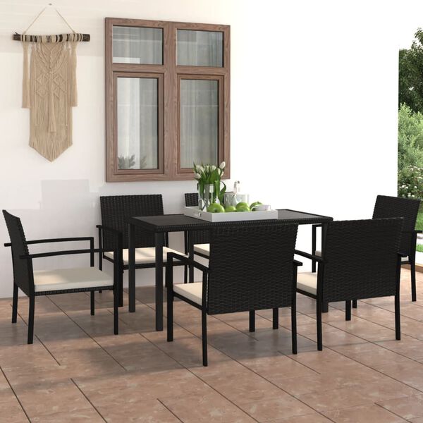 vidaXL Dining Set Black, Cream Poly Rattan, Powder-Coated Steel, Glass