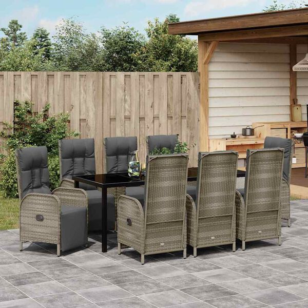 vidaXL Garden Dining Set with Cushion 9 pcs Grey Poly Rattan