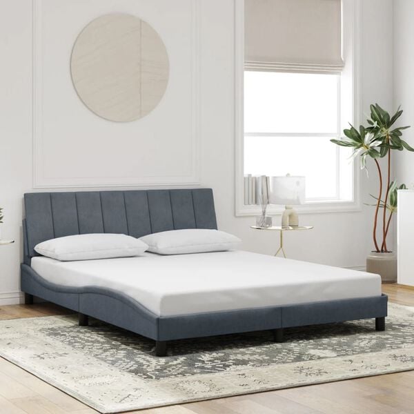 vidaXL Bed Frame with LED without Mattress "Hanko" Dark Gray 59.8"x79.9" Velvet