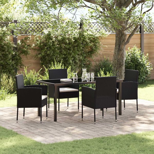vidaXL Garden Dining Set with Cushion 5 pcs Black Poly Rattan