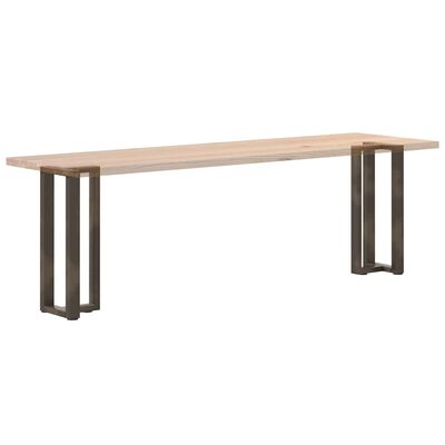 Long wooden tabletop with two metal frame legs in industrial style