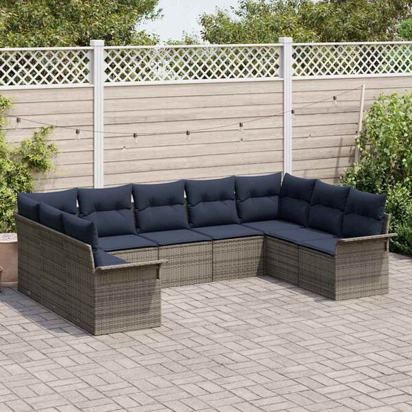 vidaXL Garden Sofa Set with Cushion 9 pcs Grey Poly Rattan