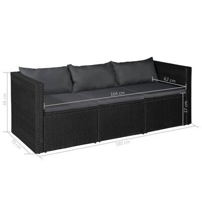 vidaXL 3 Seater Patio Sofa Black Poly Rattan with Gray Cushions