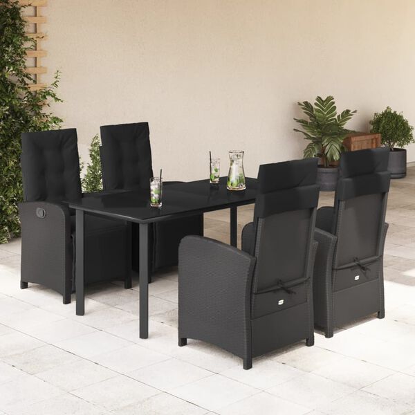 vidaXL 5 Piece Patio Dining Set with Cushions Black Poly Rattan