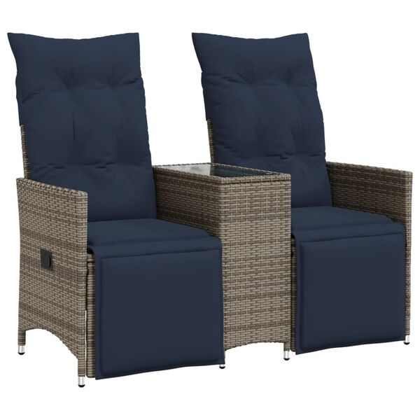 vidaXL Reclining Patio Sofa 2-Seater with Table Gray Poly Rattan