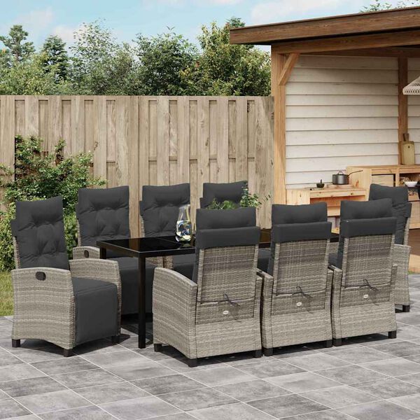vidaXL Garden Dining Set with Cushion 9 pcs Light Grey Poly Rattan