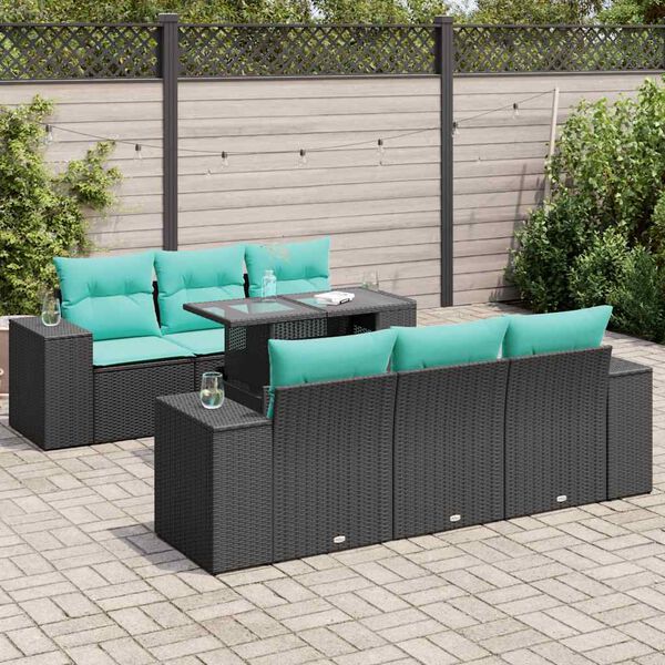vidaXL 7 Piece Patio Sofa Set with Cushions Black Poly Rattan Acacia