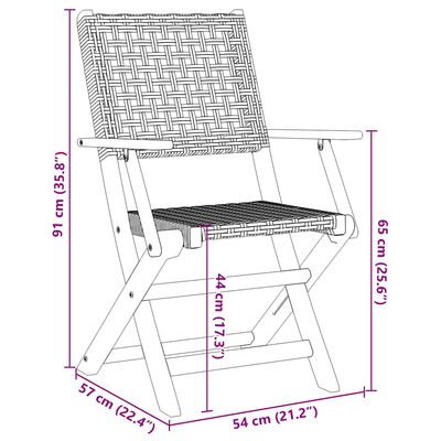Technical diagram with dimensions of a foldable director chair, including height, width, and seat depth