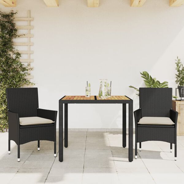 vidaXL 3 Piece Patio Dining Set with Cushions Black Poly Rattan and Acacia