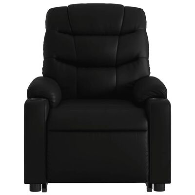  Front view of black recliner chair, empty with visible armrests and cushions.