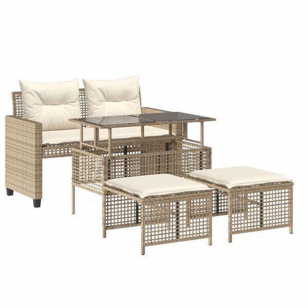 vidaXL 4 Piece Patio Sofa Set with Cushions Beige Poly Rattan Glass