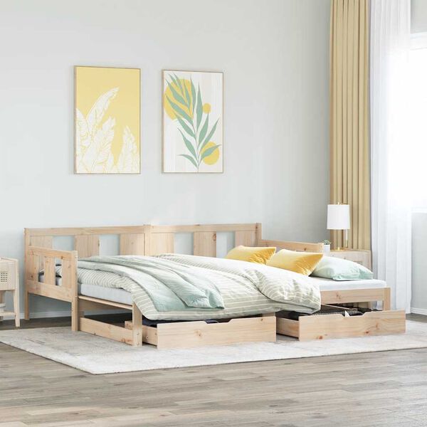 vidaXL Daybed With Trundle Natural Pine Solid Pine Wood 35.4x78.7 in