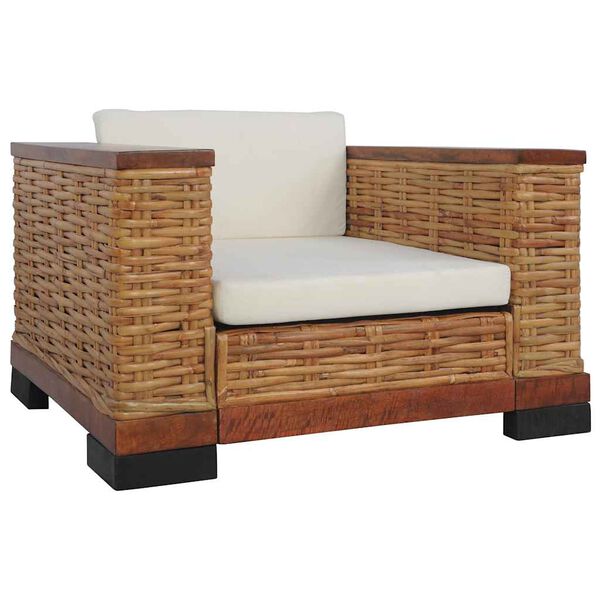 vidaXL Sofa Brown and Cream Natural Rattan, Solid Mango Wood, Fabric Large