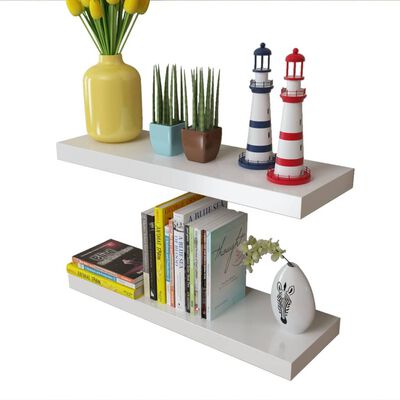 2 White MDF Floating Wall Display Shelves Book/DVD Storage