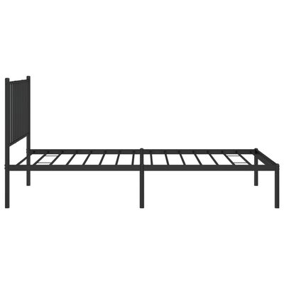 Side view of a black metal bed frame without a mattress, showing slatted base