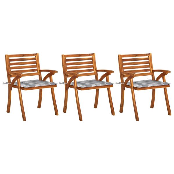 vidaXL Dining Chair Set of 3 Natural wood, Grey check