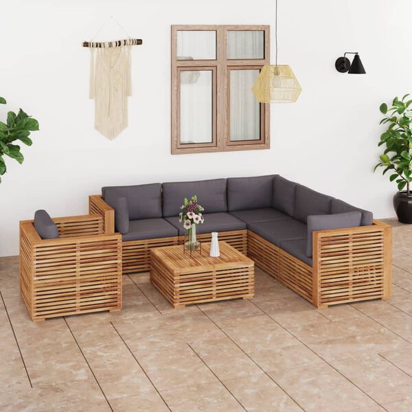 vidaXL 7 Piece Patio Lounge Set with Dark Gray Cushion Solid Teak Wood