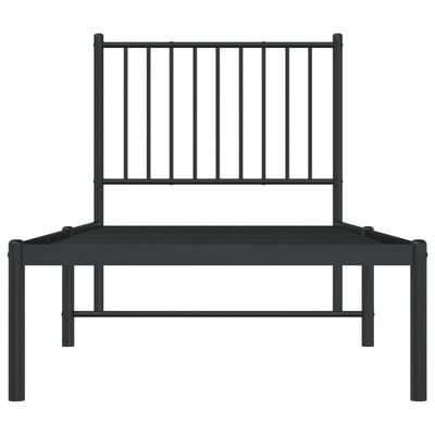 Front view of a black metal bed frame with tall vertical bars headboard and simple frame.