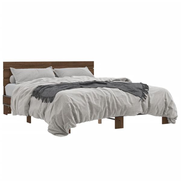 vidaXL Bed Frame Brown Oak Engineered Wood, Metal King Size Modern