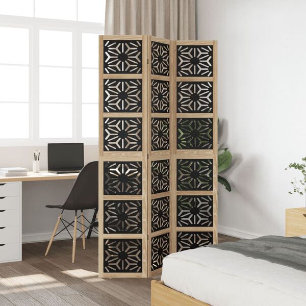 vidaXL Room Divider 3 Panels Brown and Black Solid Wood Paulownia