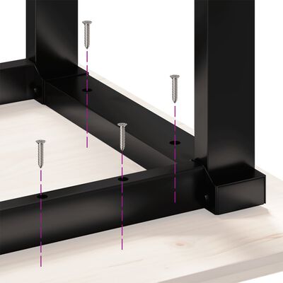 Instruction-style image showing screws and pink guides along the frame joints for assembly.