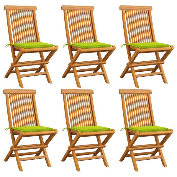 vidaXL Patio Chairs with Bright Green Cushions 6 pcs Solid Teak Wood