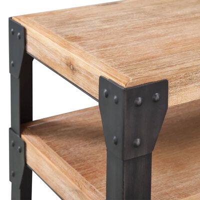 Close-up of riveted metal bracket and wooden plank on a leg corner.