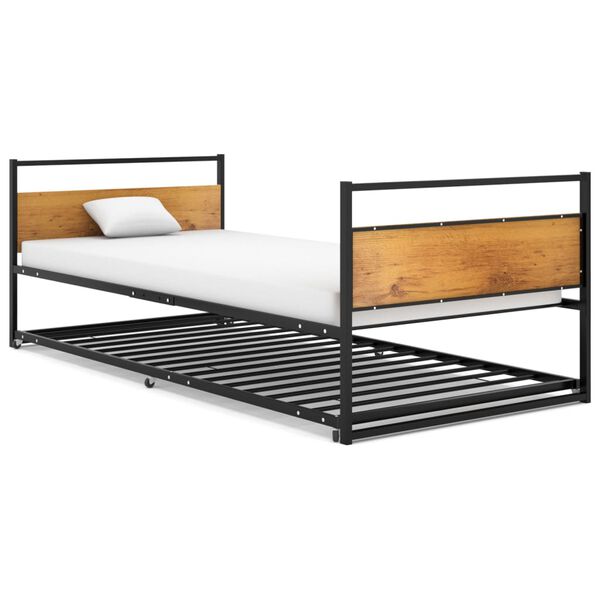 vidaXL Pull-out Bed Frame Black Powder-Coated Metal, MDF, Plastic Twin