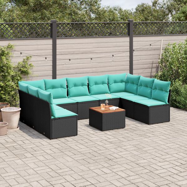 vidaXL 10 Piece Patio Sofa Set with Cushions Black Poly Rattan