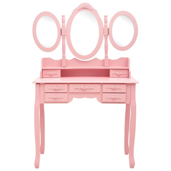 vidaXL Dressing Table with Stool and Tri-Fold Mirror Pink