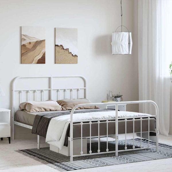 vidaXL Bed Frame White Steel 59 x 79 in Durable Bed Frame