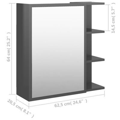 vidaXL Bathroom Mirror Cabinet High Gloss Gray 24.6"x8.1"x25.2" Engineered Wood