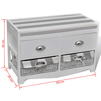 vidaXL White Storage & Entryway Bench with Cushion Top 2 Drawer 2 Basket