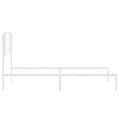 Side view of a white metal bed frame with headboard showing length and legs, no mattress