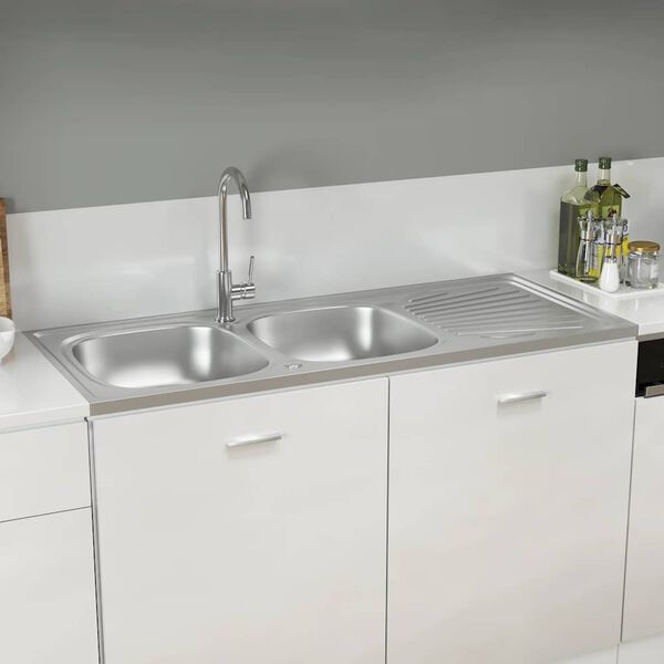 vidaXL Kitchen Sink with Double Sinks Silver 47.24x23.62x6.10" Stainless Steel
