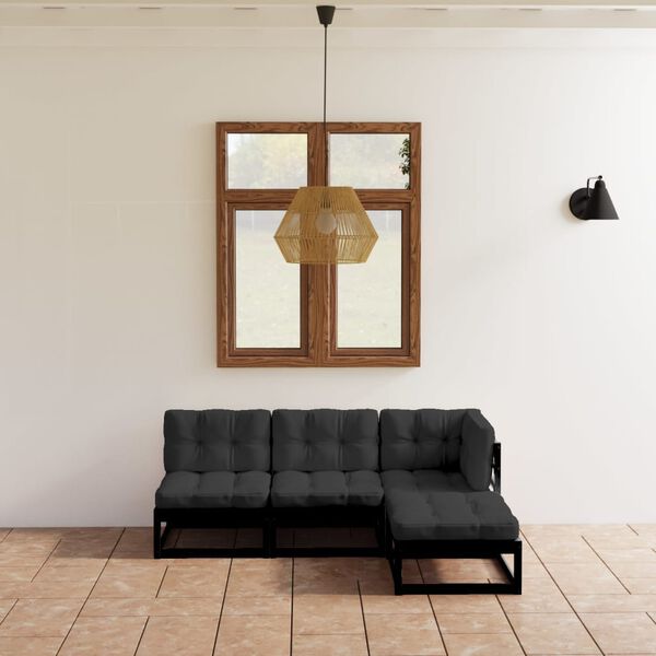 vidaXL Garden Lounge Set Black Solid pine wood, fabric (100% polyester)