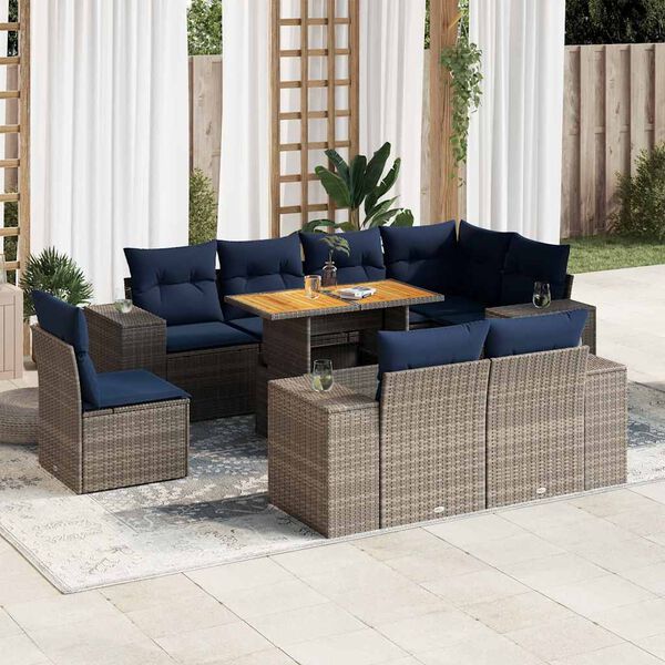 vidaXL 9 Piece Patio Sofa Set with Cushions Gray Poly Rattan