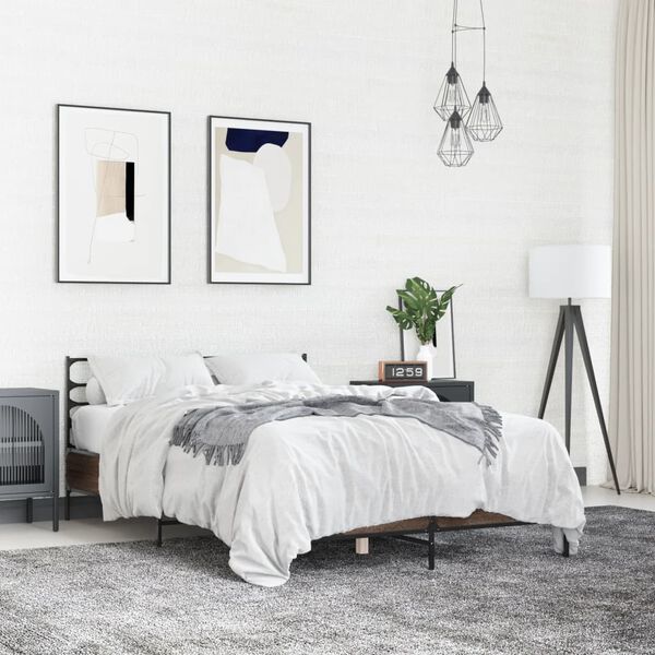 vidaXL Bed Frame Brown oak Engineered wood, metal, plywood Full