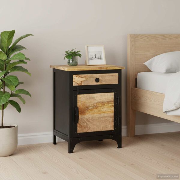 vidaXL Bedside Cabinet Black and brown Solid mango wood Compact
