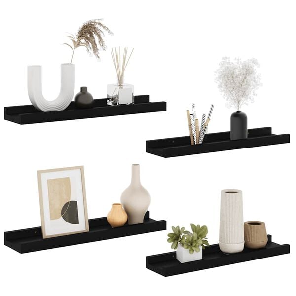 vidaXL Wall Shelf Set of 4 Black MDF Medium Wall mounting Wall Shelf
