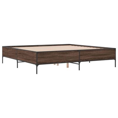 A wood and metal platform bed frame with a solid wooden slat base visible from the side.