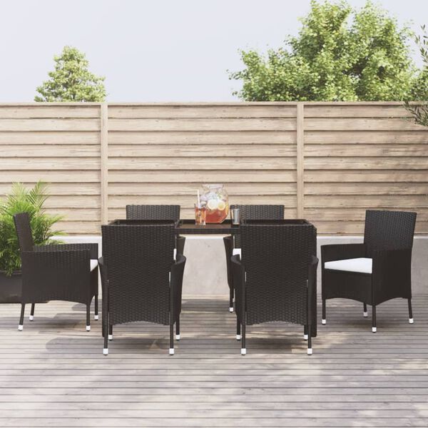 vidaXL 7 Piece Patio Dining Set with Cushions Black Poly Rattan