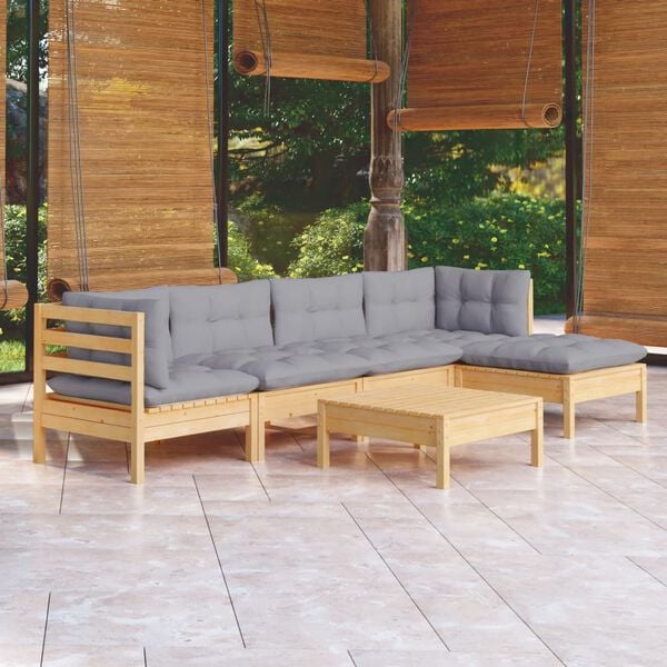 vidaXL Garden Lounge Set Grey Solid pine wood, fabric (100% polyester)