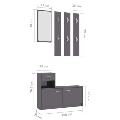 vidaXL Hallway Unit High Gloss Gray 39.4"x9.8"x30.1" Engineered Wood