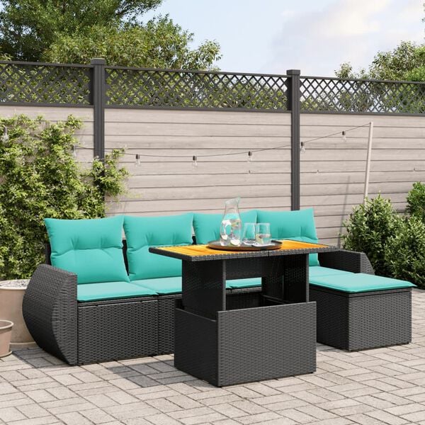 vidaXL 6 Piece Patio Sofa Set with Cushions Black Poly Rattan